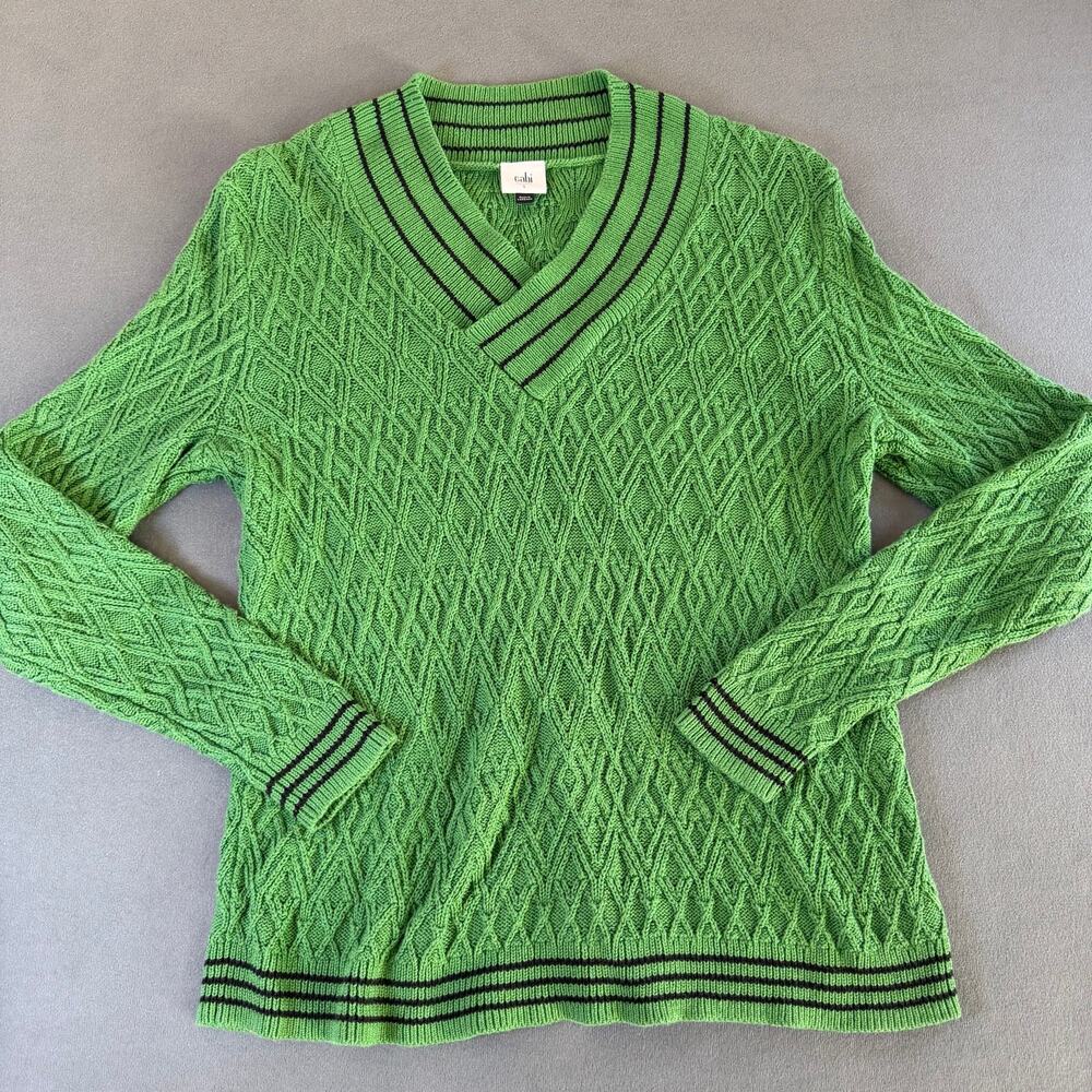 Cabi Lucky Day Pullover Sweater Green Varsity V-Neck Cable Knit - S